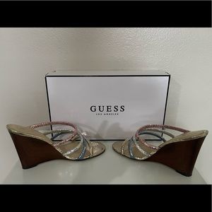 Guess wedge sandals with Gold, Blue and Rose Gold straps.